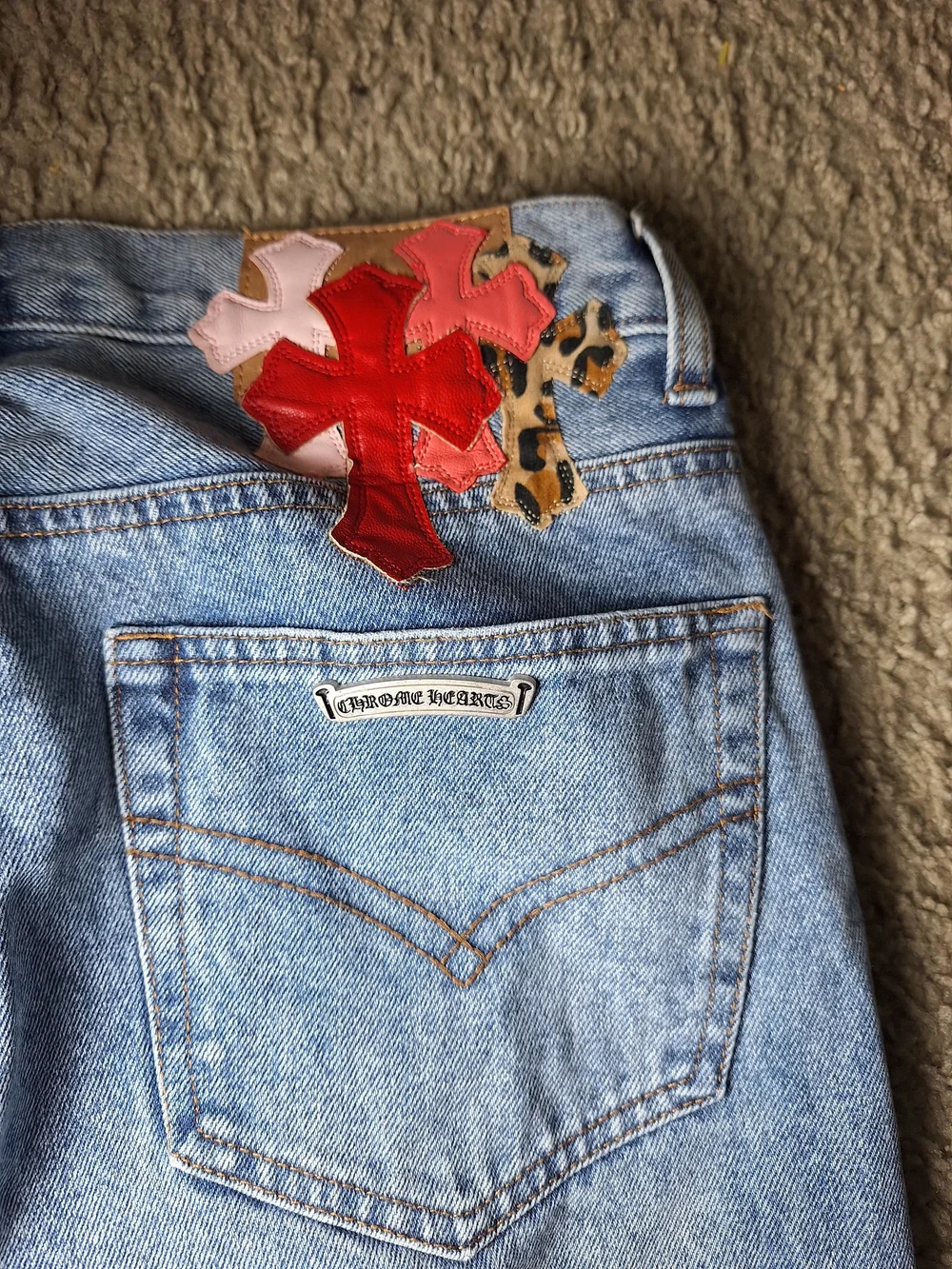 Chrome Hearts Inspired Cross Patch Flared Pink Red Leopard Y2K Denim Jeans 34